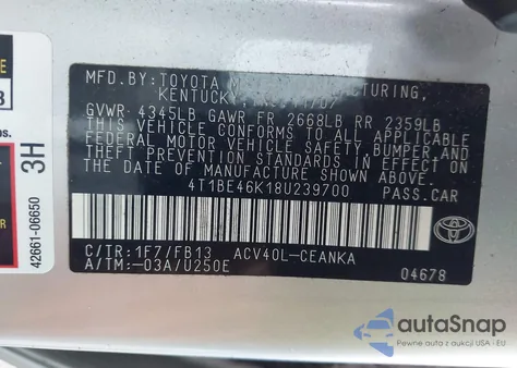 2008 Toyota Camry Le from USA, damaged, VIN 4T1BE46K18U239700